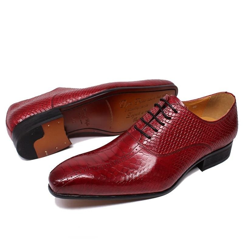 Sapatos Formais Masculinos Pele Cobra Elegância Feitos À Mão Bico Fino Oxford - Vermelho