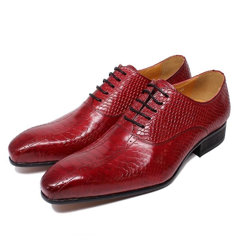 Sapatos Formais Masculinos Pele Cobra Elegância Feitos À Mão Bico Fino Oxford - Vermelho