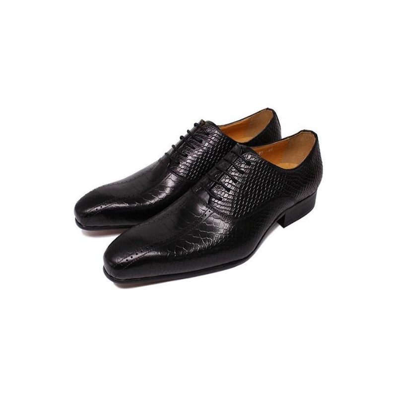 Sapatos Formais Masculinos Pele Cobra Elegância Feitos À Mão Bico Fino Oxford - Preto