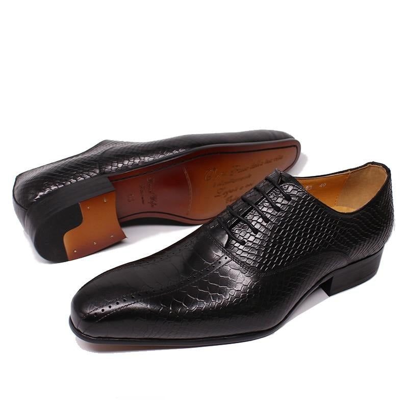 Sapatos Formais Masculinos Pele Cobra Elegância Feitos À Mão Bico Fino Oxford - Preto