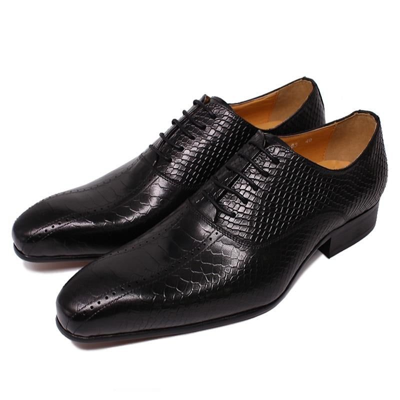 Sapatos Formais Masculinos Pele Cobra Elegância Feitos À Mão Bico Fino Oxford - Preto