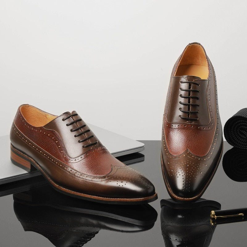 Sapatos Formais Masculinos Pontiagudos Com Cadarço Brogues - Café