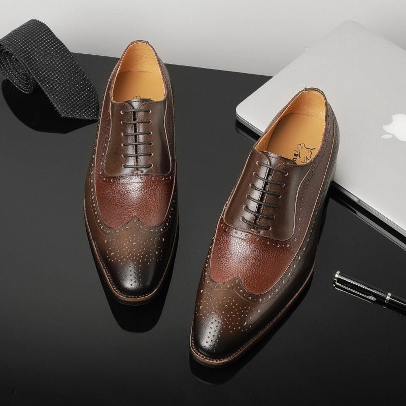 Sapatos Formais Masculinos Pontiagudos Com Cadarço Brogues - Café