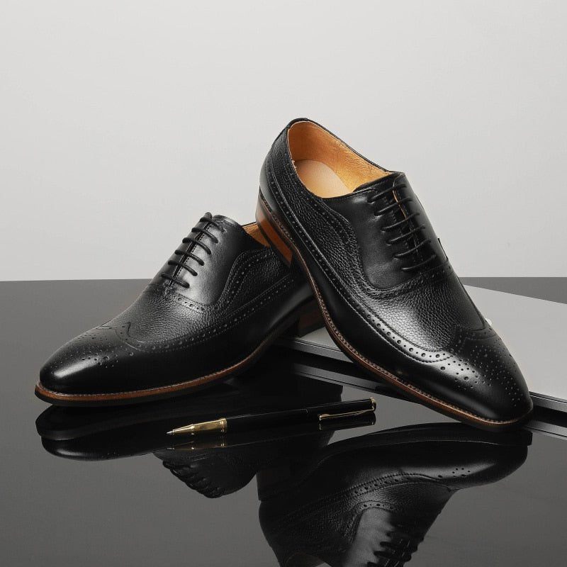 Sapatos Formais Masculinos Pontiagudos Com Cadarço Brogues - Preto