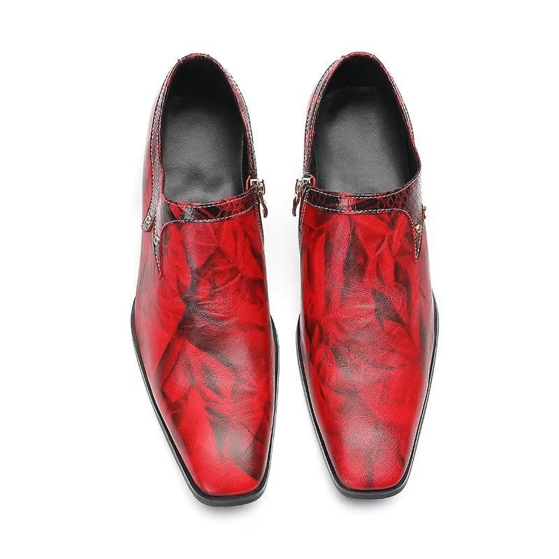 Sapatos Formais Masculinos Refinados Luxo Com Bico Quadrado Couro Slip-on - Vermelho