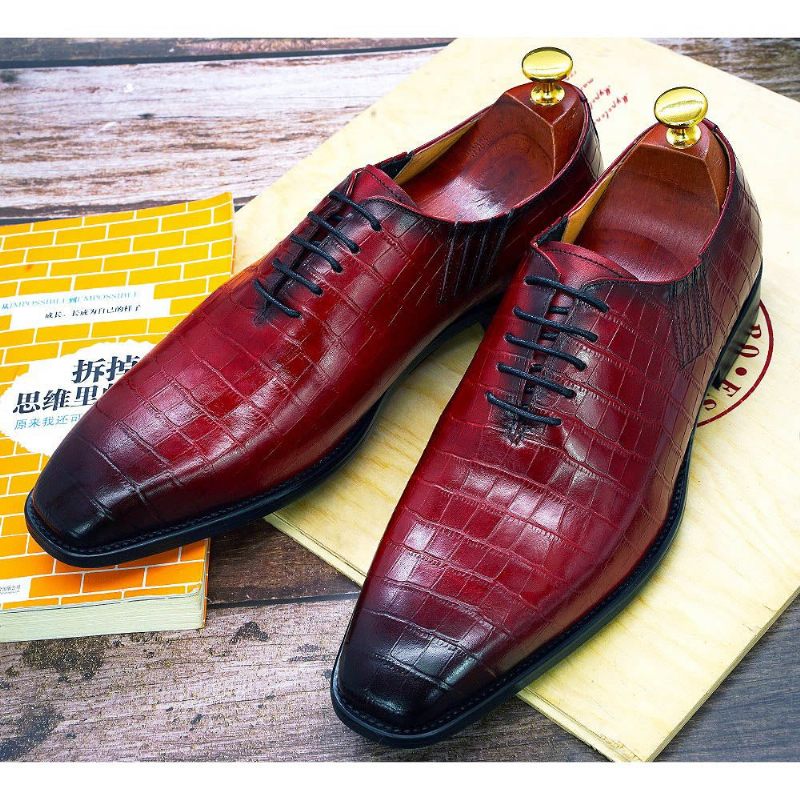 Sapatos Formais Masculinos Requintado Padrão Crocodilo Dedo Apontado Oxford - Vermelho