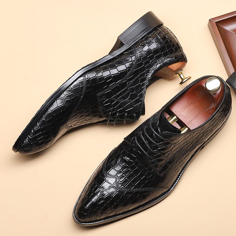 Sapatos Formais Masculinos Requintados Brogue Couro Crocodilo - Preto