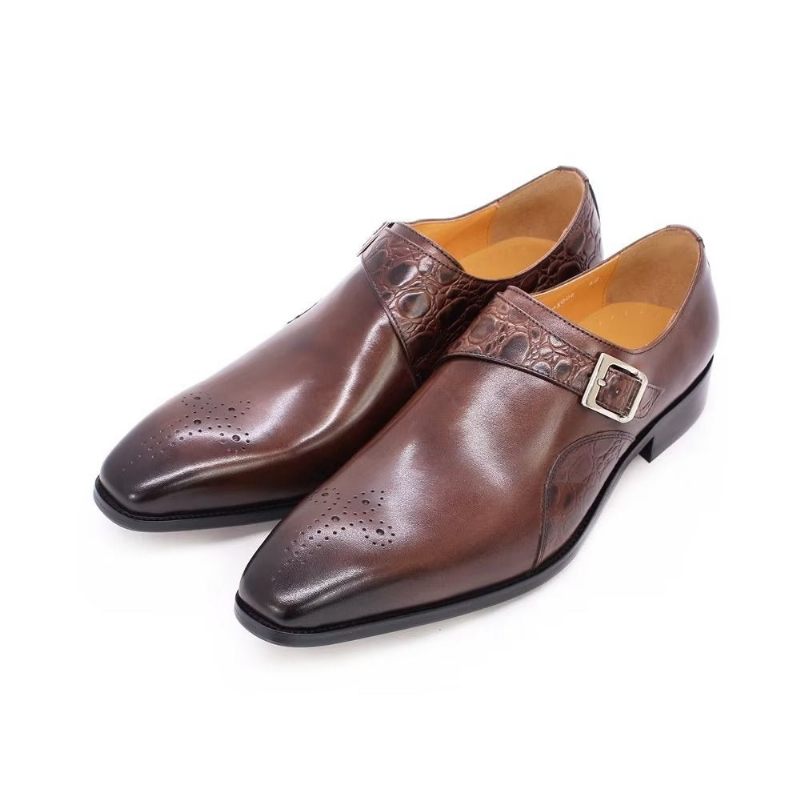 Sapatos Formais Masculinos Requintados Com Estampa Crocodilo Monkstraps - Café