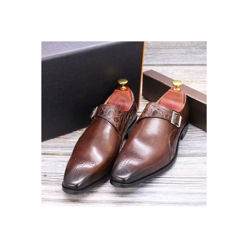 Sapatos Formais Masculinos Requintados Com Estampa Crocodilo Monkstraps - Café