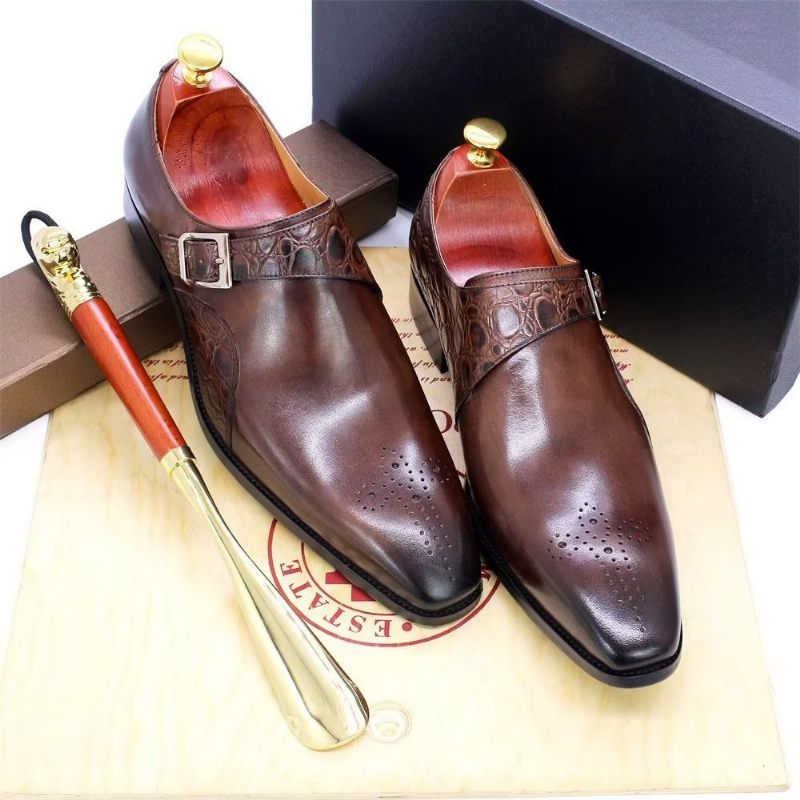 Sapatos Formais Masculinos Requintados Com Estampa Crocodilo Monkstraps - Café