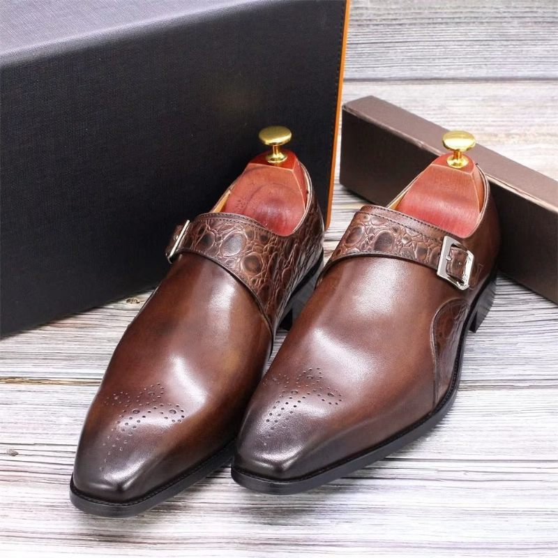 Sapatos Formais Masculinos Requintados Com Estampa Crocodilo Monkstraps - Café