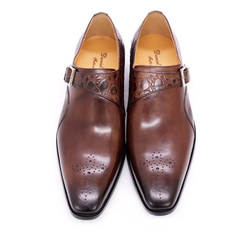 Sapatos Formais Masculinos Requintados Com Estampa Crocodilo Monkstraps - Café