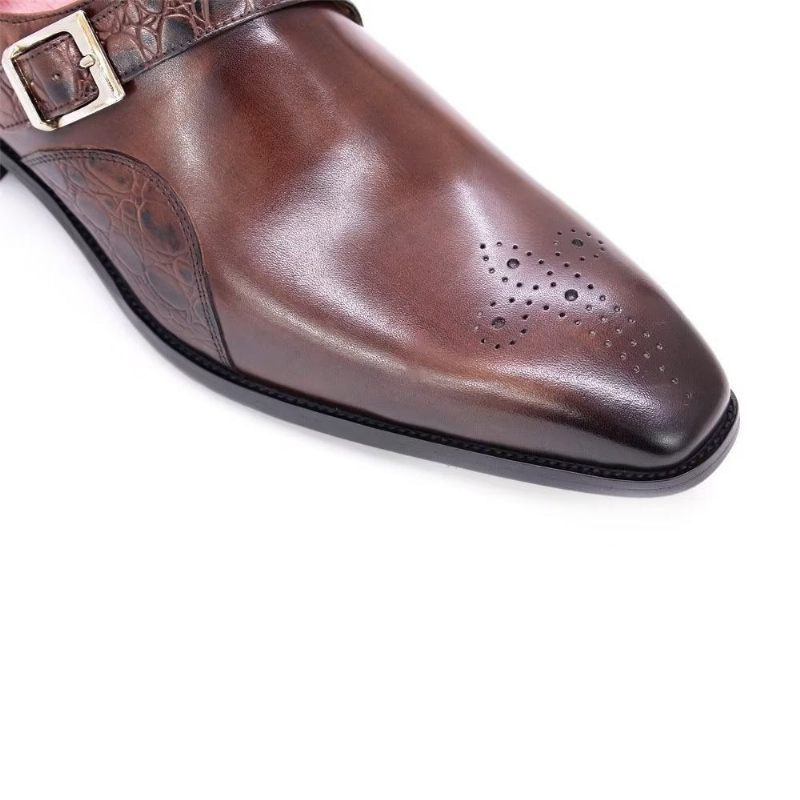 Sapatos Formais Masculinos Requintados Com Estampa Crocodilo Monkstraps - Café