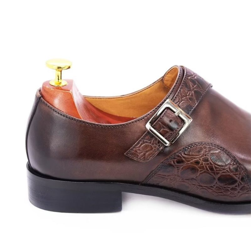 Sapatos Formais Masculinos Requintados Com Estampa Crocodilo Monkstraps - Café