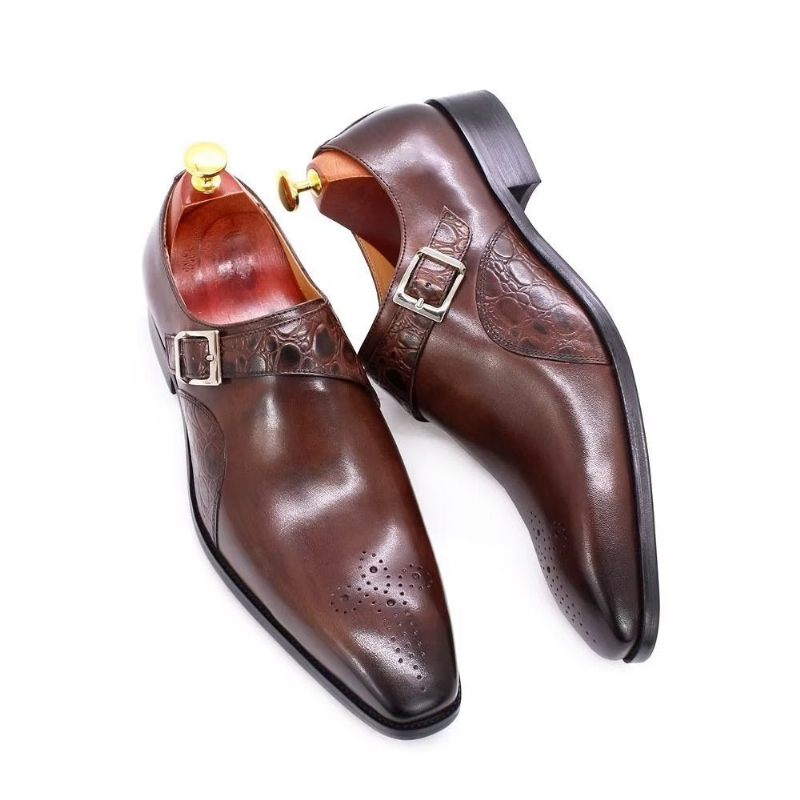 Sapatos Formais Masculinos Requintados Com Estampa Crocodilo Monkstraps - Café