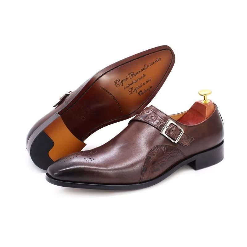 Sapatos Formais Masculinos Requintados Com Estampa Crocodilo Monkstraps - Café