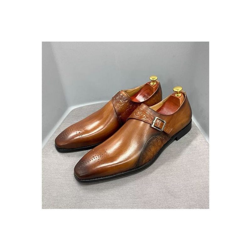 Sapatos Formais Masculinos Requintados Com Estampa Crocodilo Monkstraps - Marrom