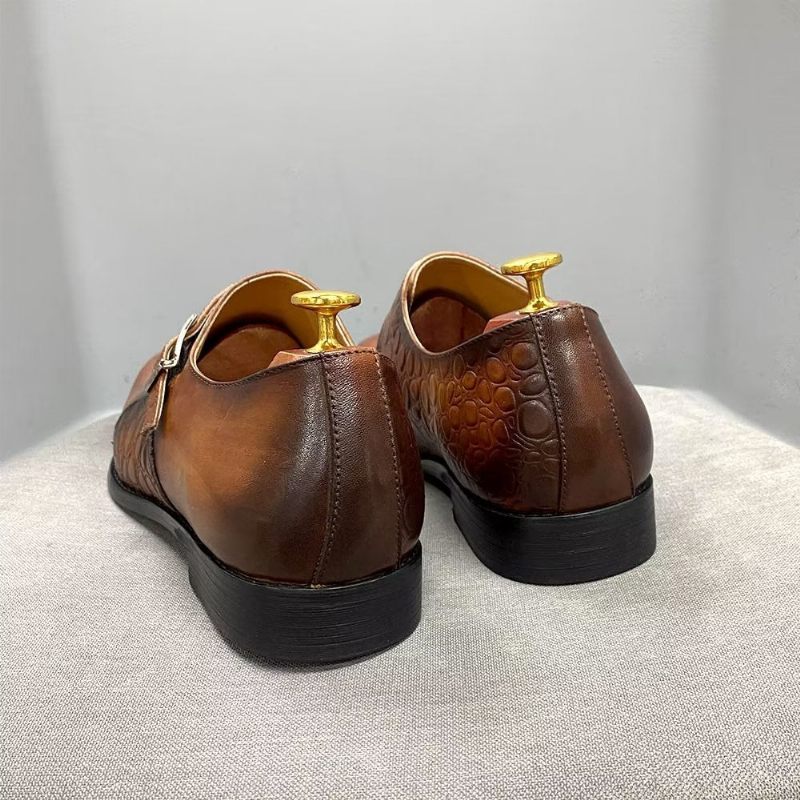 Sapatos Formais Masculinos Requintados Com Estampa Crocodilo Monkstraps - Marrom