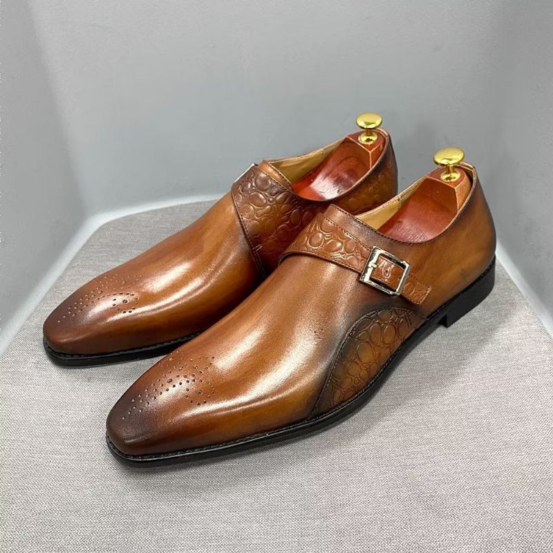 Sapatos Formais Masculinos Requintados Com Estampa Crocodilo Monkstraps - Marrom