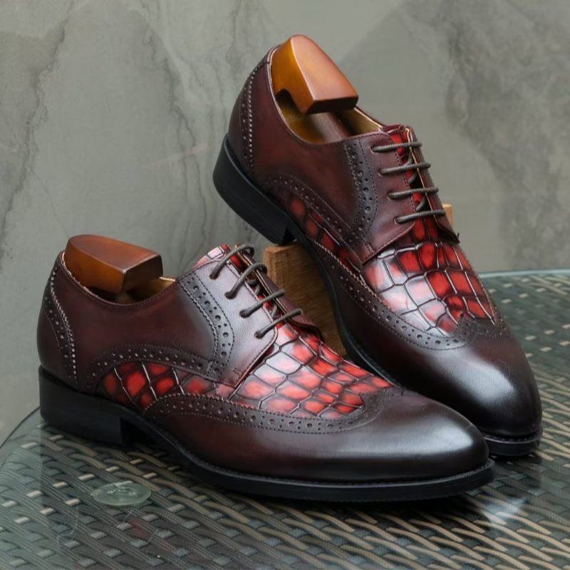 Sapatos Formais Masculinos Requintados Com Textura Crocodilo Derby - Vermelho 