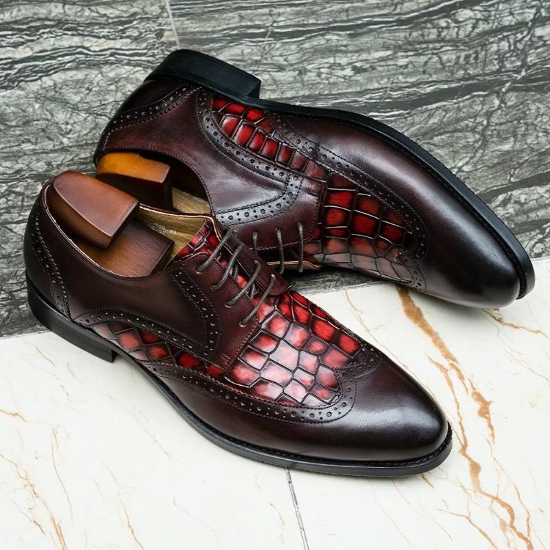 Sapatos Formais Masculinos Requintados Com Textura Crocodilo Derby - Vermelho 