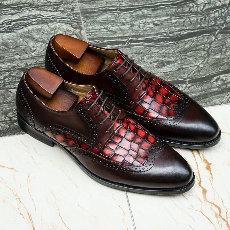 Sapatos Formais Masculinos Requintados Com Textura Crocodilo Derby - Vermelho 