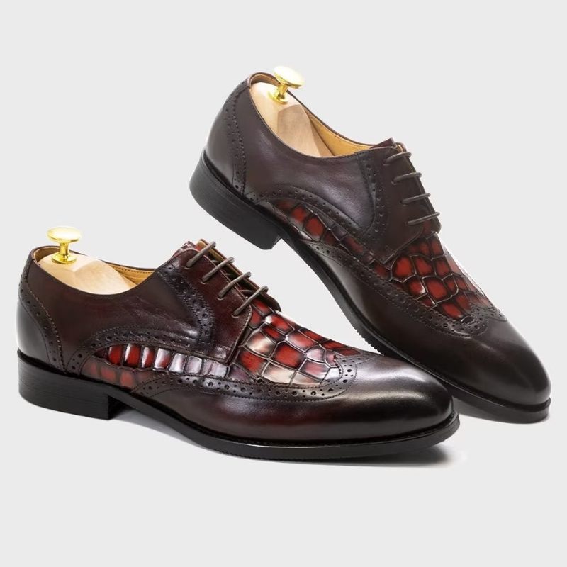 Sapatos Formais Masculinos Requintados Com Textura Crocodilo Derby - Vermelho 