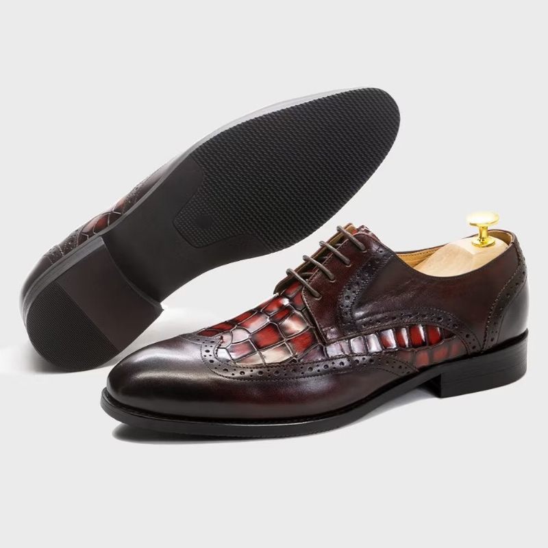 Sapatos Formais Masculinos Requintados Com Textura Crocodilo Derby - Vermelho 