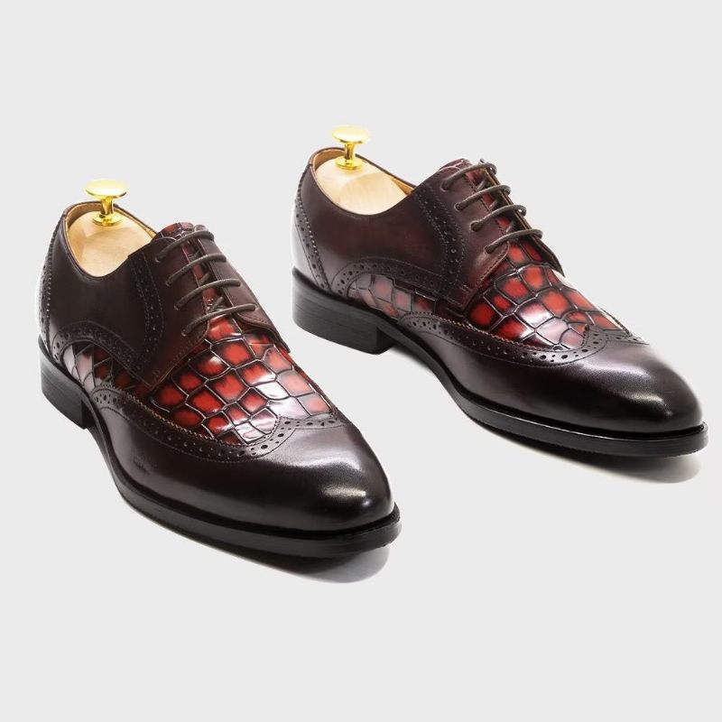 Sapatos Formais Masculinos Requintados Com Textura Crocodilo Derby - Vermelho 