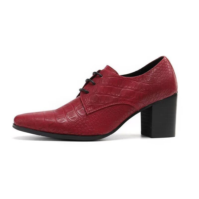 Sapatos Formais Masculinos Requintados Sociais Derby Couro Com Relevo Em Crocodilo - Vermelho