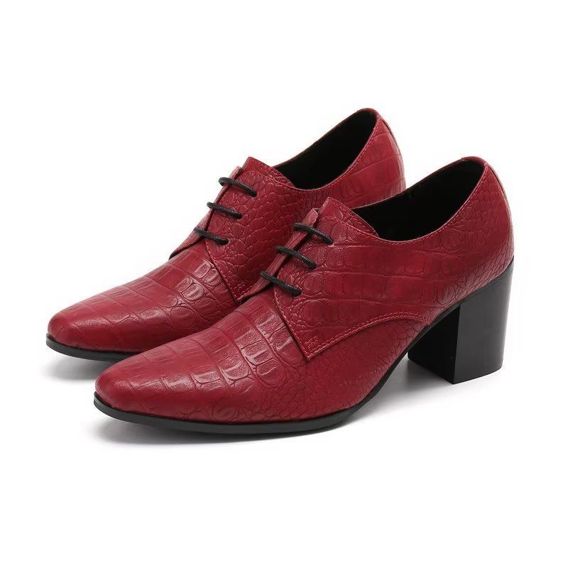 Sapatos Formais Masculinos Requintados Sociais Derby Couro Com Relevo Em Crocodilo - Vermelho