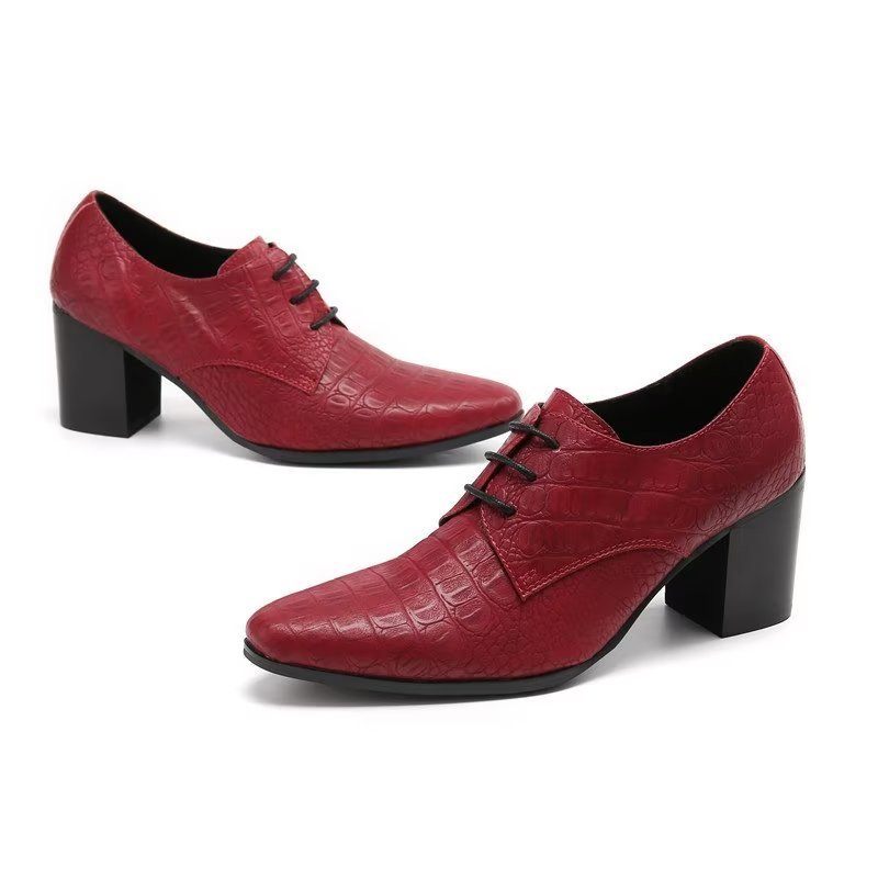 Sapatos Formais Masculinos Requintados Sociais Derby Couro Com Relevo Em Crocodilo - Vermelho