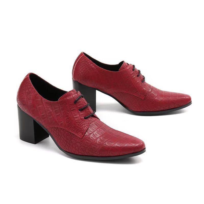 Sapatos Formais Masculinos Requintados Sociais Derby Couro Com Relevo Em Crocodilo - Vermelho