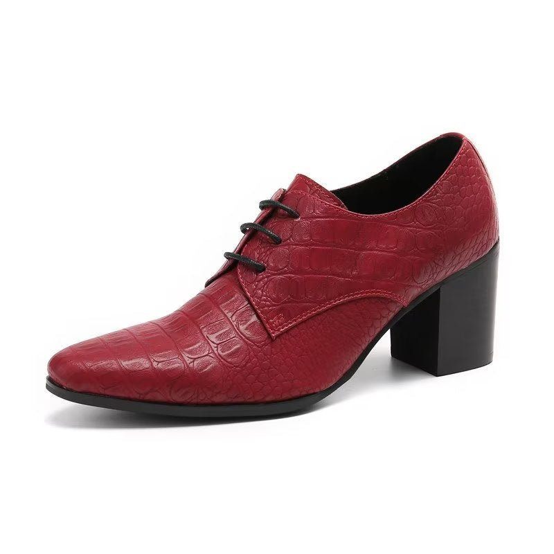 Sapatos Formais Masculinos Requintados Sociais Derby Couro Com Relevo Em Crocodilo - Vermelho