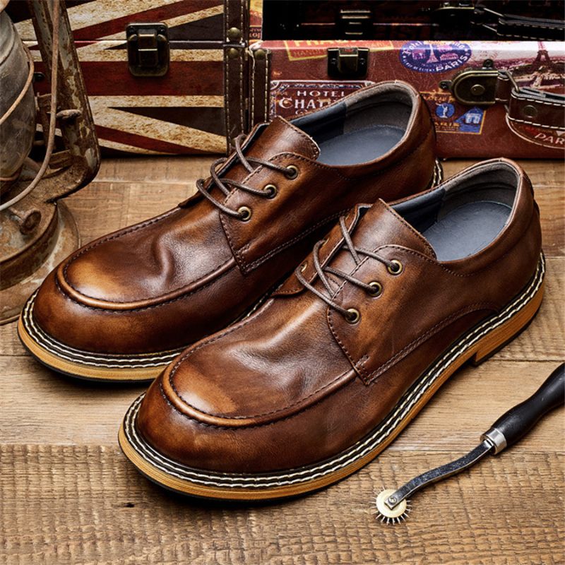 Sapatos Formais Masculinos Sombra Tentadora Mocassim Couro Retrô Elegante Com Cadarço - Café