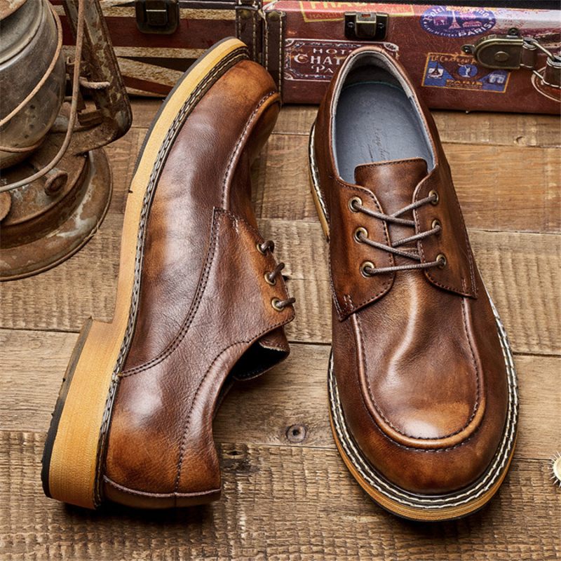 Sapatos Formais Masculinos Sombra Tentadora Mocassim Couro Retrô Elegante Com Cadarço - Café