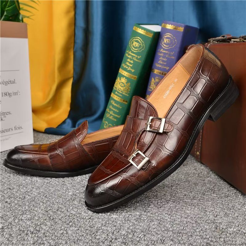 Sapatos Formais Masculinos Textura Exótica Modish Monkstrap Sociais - Café