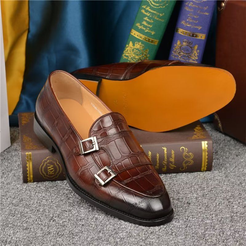 Sapatos Formais Masculinos Textura Exótica Modish Monkstrap Sociais - Café