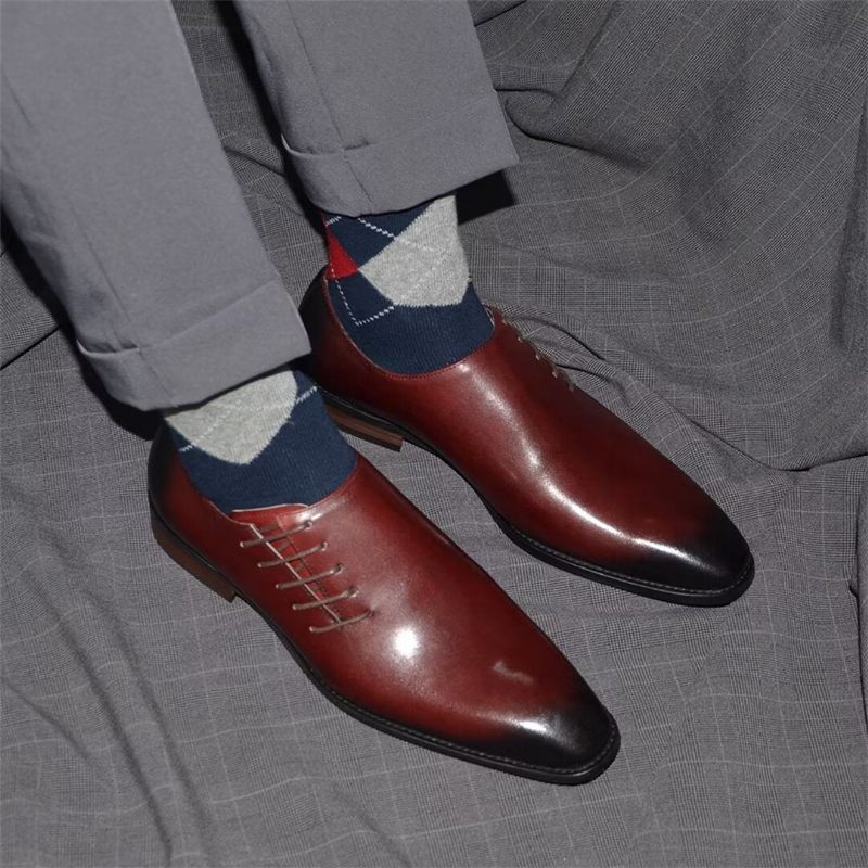 Sapatos Formais Masculinos Urbanos Chiques Com Cadarços Em Couro - Vermelho Marrom