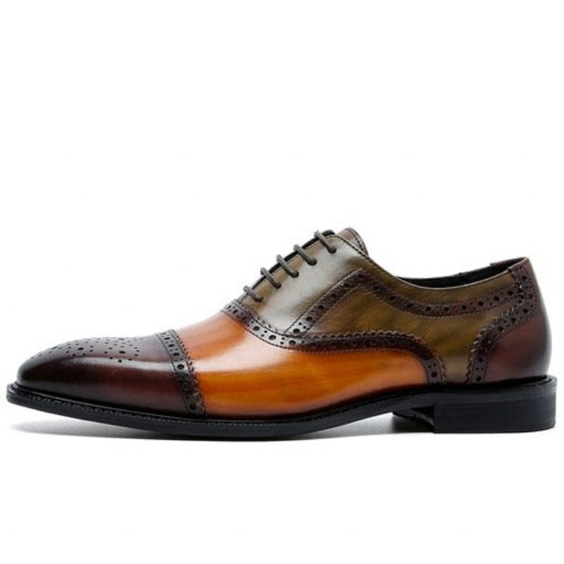 Sapatos Formais Masculinos Wingtip Leather Lace-up Oxfords - Café