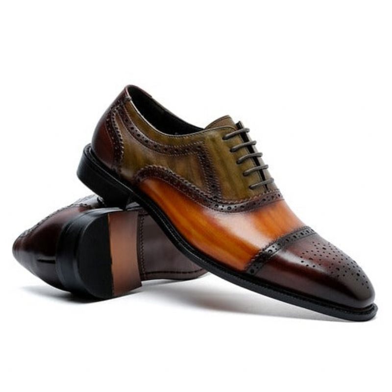 Sapatos Formais Masculinos Wingtip Leather Lace-up Oxfords - Café