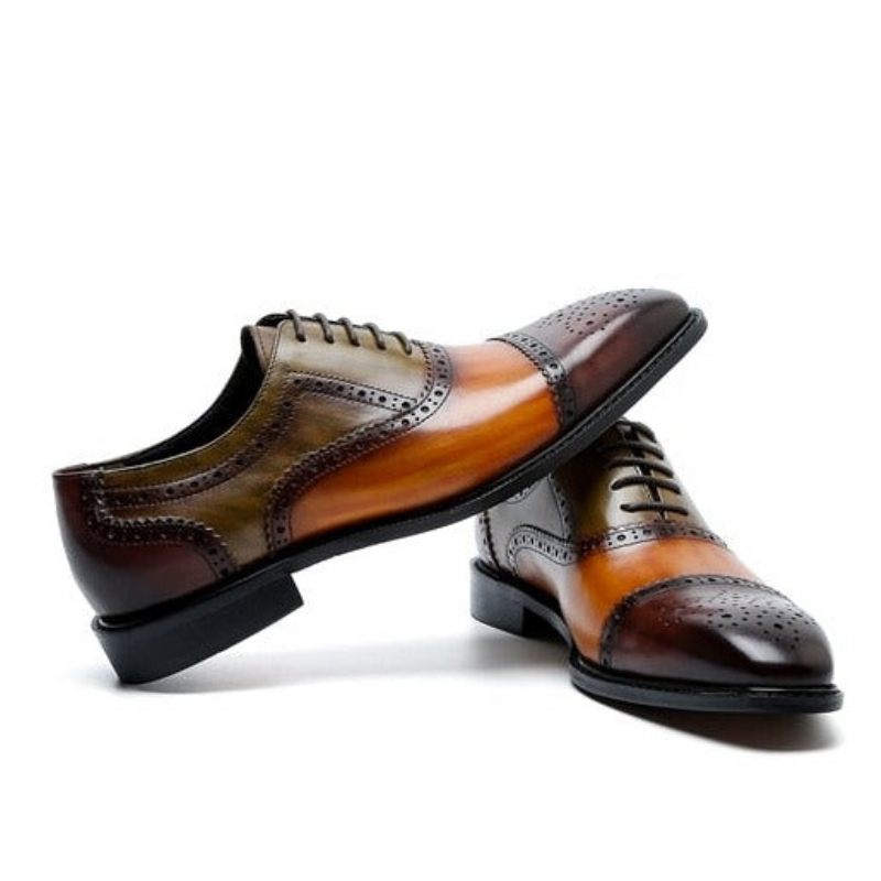 Sapatos Formais Masculinos Wingtip Leather Lace-up Oxfords - Café