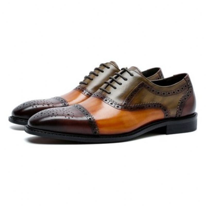 Sapatos Formais Masculinos Wingtip Leather Lace-up Oxfords - Café