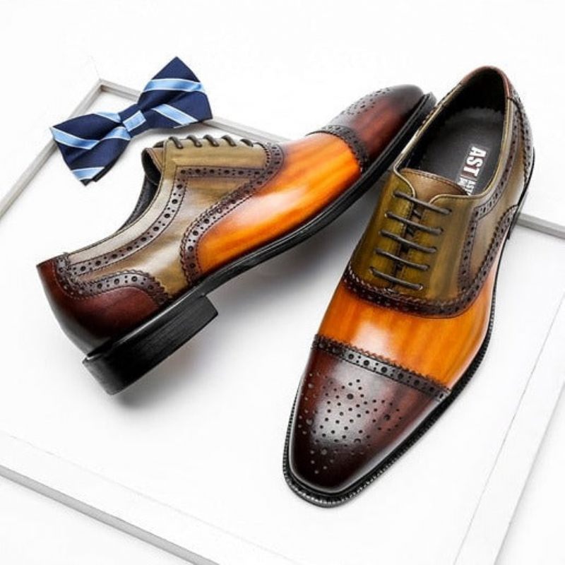 Sapatos Formais Masculinos Wingtip Leather Lace-up Oxfords - Laranja