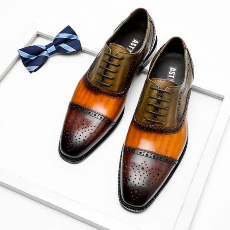 Sapatos Formais Masculinos Wingtip Leather Lace-up Oxfords - Laranja