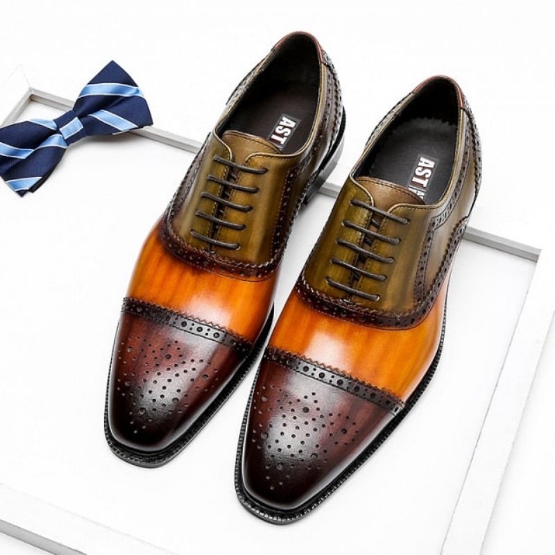 Sapatos Formais Masculinos Wingtip Leather Lace-up Oxfords - Laranja