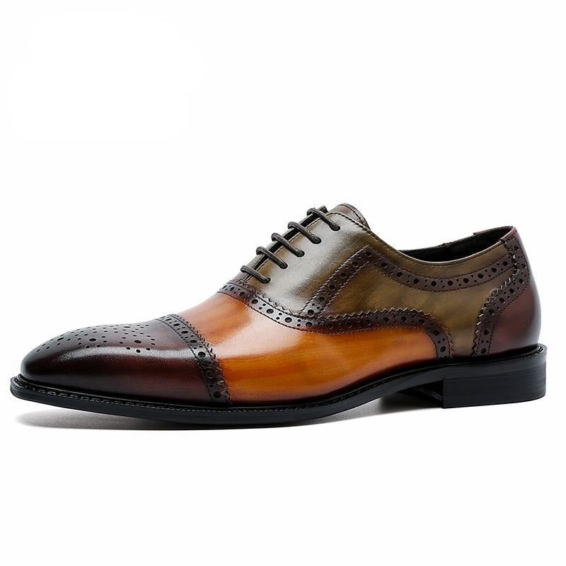 Sapatos Formais Masculinos Wingtip Leather Lace-up Oxfords - Café