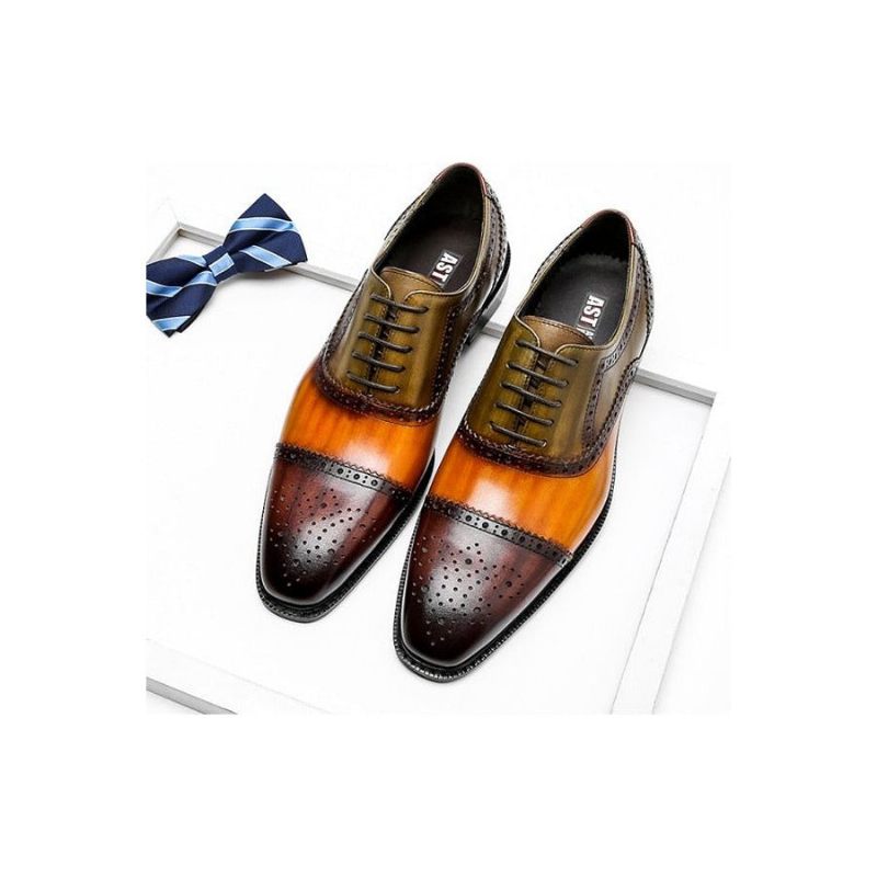 Sapatos Formais Masculinos Wingtip Leather Lace-up Oxfords - Laranja