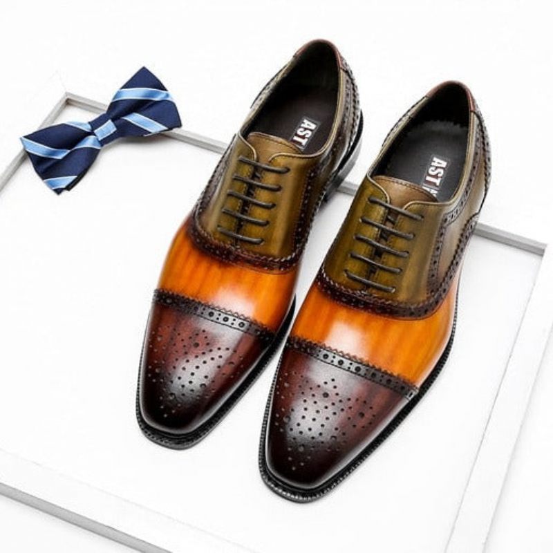 Sapatos Formais Masculinos Wingtip Leather Lace-up Oxfords - Laranja