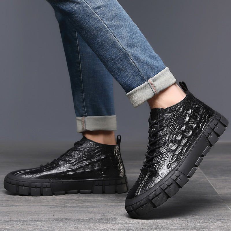 Tênis Masculino Com Plataforma Couro Cadarço E Sapatos Casuais - Preto